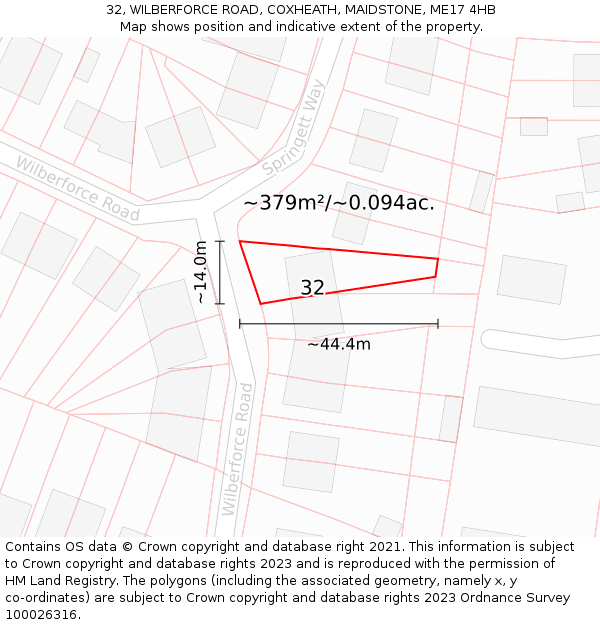 32, WILBERFORCE ROAD, COXHEATH, MAIDSTONE, ME17 4HB: Plot and title map