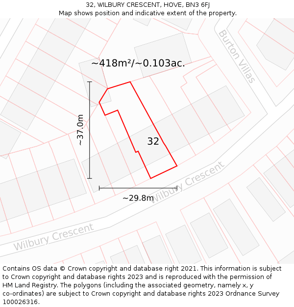 32, WILBURY CRESCENT, HOVE, BN3 6FJ: Plot and title map