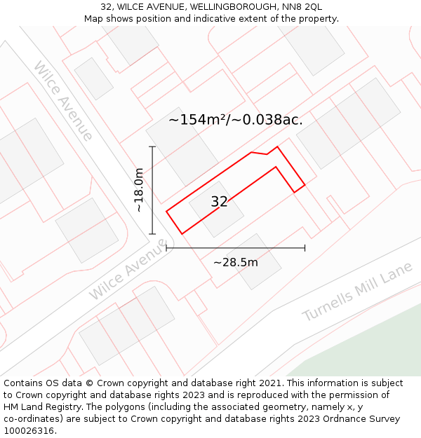 32, WILCE AVENUE, WELLINGBOROUGH, NN8 2QL: Plot and title map