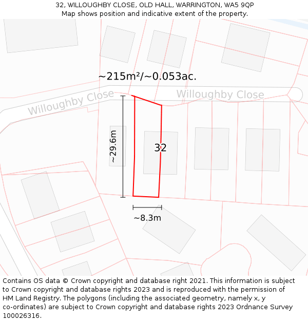 32, WILLOUGHBY CLOSE, OLD HALL, WARRINGTON, WA5 9QP: Plot and title map