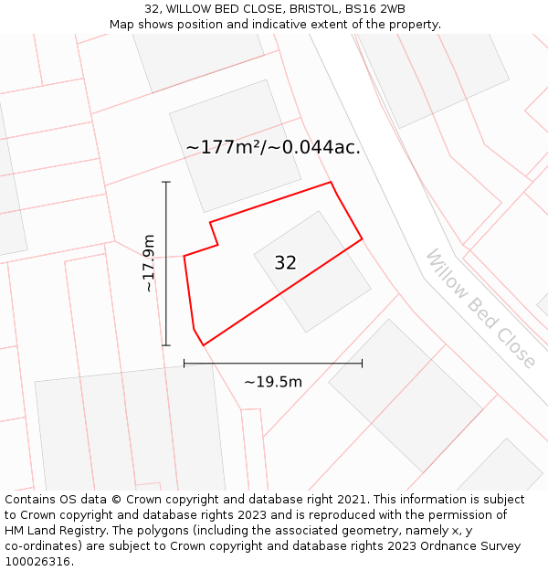 32, WILLOW BED CLOSE, BRISTOL, BS16 2WB: Plot and title map