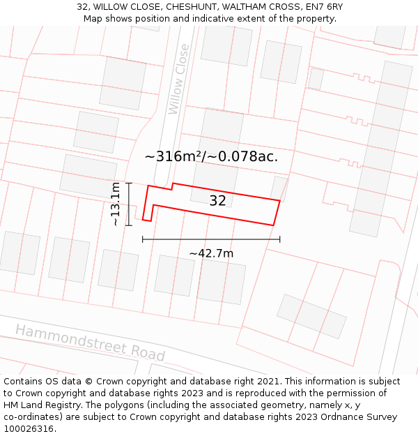 32, WILLOW CLOSE, CHESHUNT, WALTHAM CROSS, EN7 6RY: Plot and title map