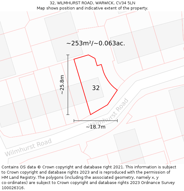 32, WILMHURST ROAD, WARWICK, CV34 5LN: Plot and title map