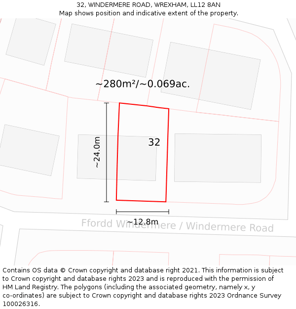 32, WINDERMERE ROAD, WREXHAM, LL12 8AN: Plot and title map