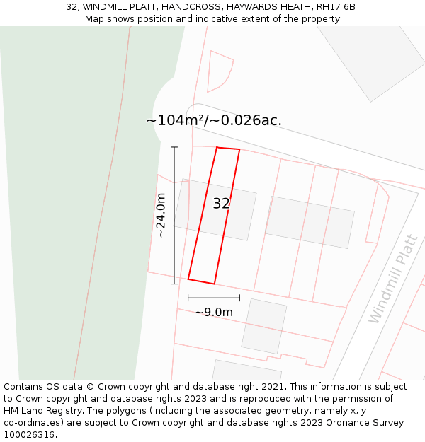 32, WINDMILL PLATT, HANDCROSS, HAYWARDS HEATH, RH17 6BT: Plot and title map