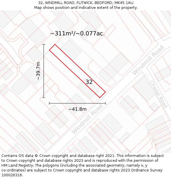 32, WINDMILL ROAD, FLITWICK, BEDFORD, MK45 1AU: Plot and title map