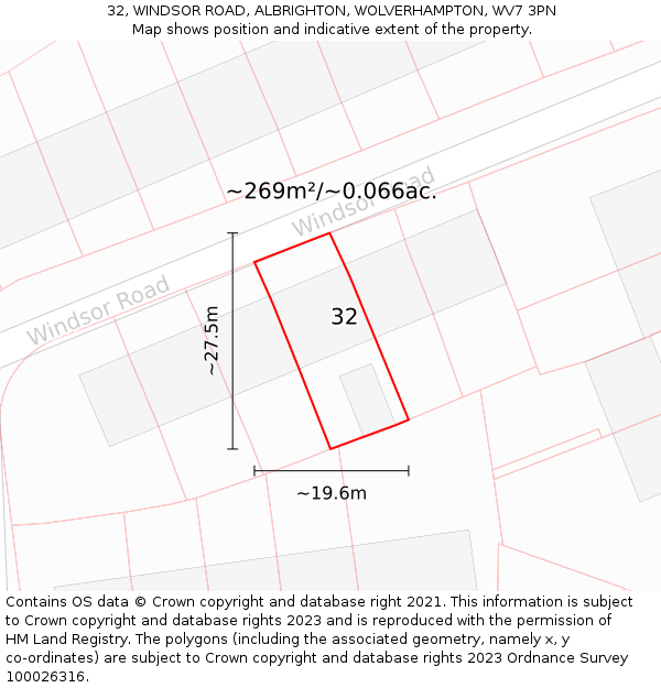 32, WINDSOR ROAD, ALBRIGHTON, WOLVERHAMPTON, WV7 3PN: Plot and title map