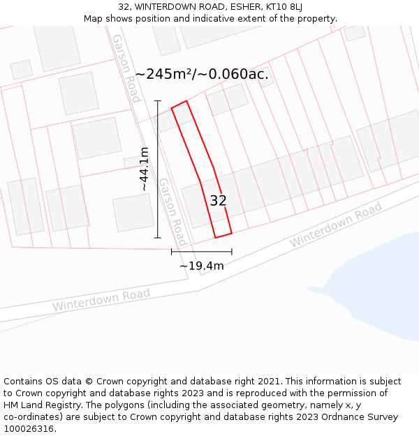 32, WINTERDOWN ROAD, ESHER, KT10 8LJ: Plot and title map