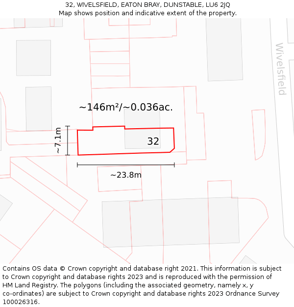32, WIVELSFIELD, EATON BRAY, DUNSTABLE, LU6 2JQ: Plot and title map