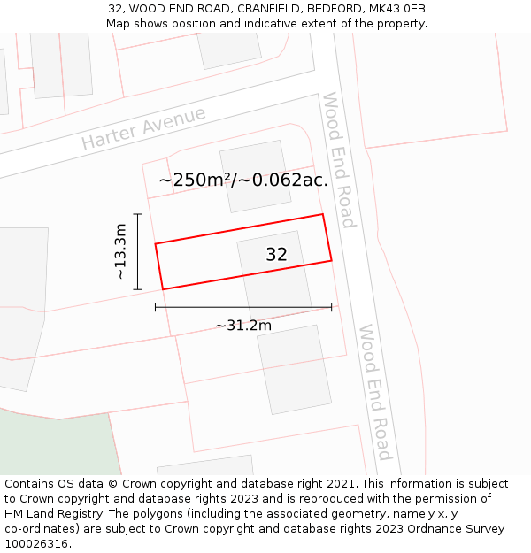 32, WOOD END ROAD, CRANFIELD, BEDFORD, MK43 0EB: Plot and title map