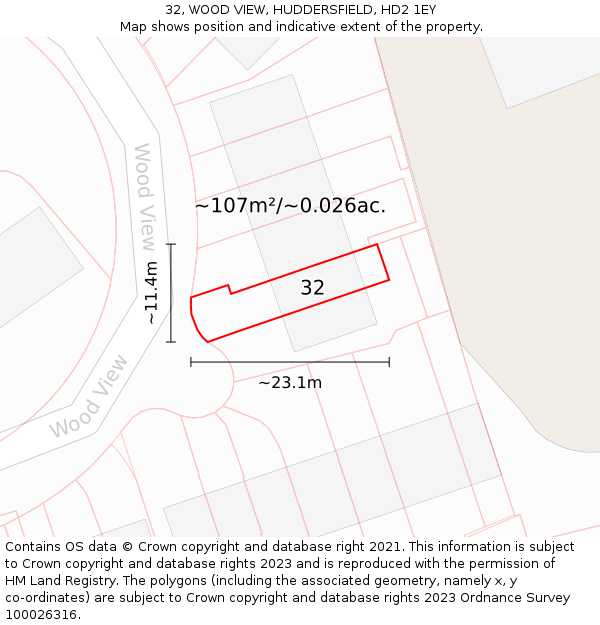 32, WOOD VIEW, HUDDERSFIELD, HD2 1EY: Plot and title map