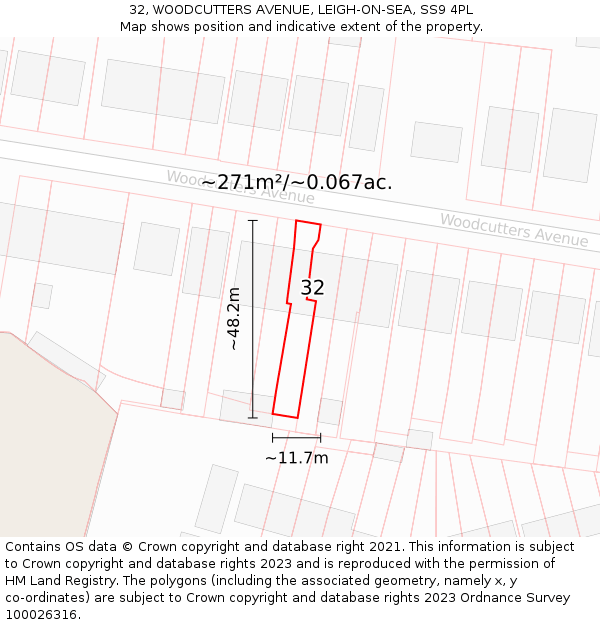 32, WOODCUTTERS AVENUE, LEIGH-ON-SEA, SS9 4PL: Plot and title map