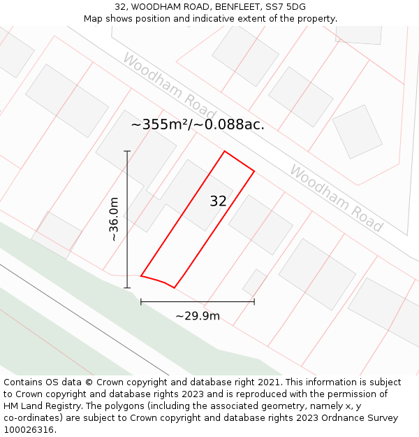 32, WOODHAM ROAD, BENFLEET, SS7 5DG: Plot and title map