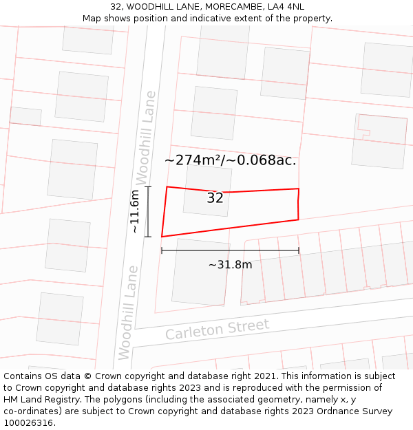 32, WOODHILL LANE, MORECAMBE, LA4 4NL: Plot and title map