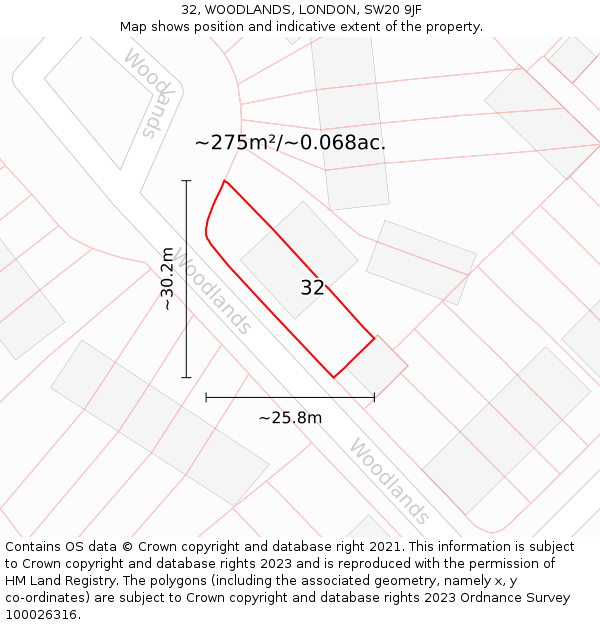 32, WOODLANDS, LONDON, SW20 9JF: Plot and title map