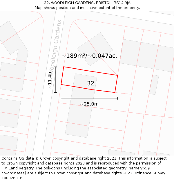 32, WOODLEIGH GARDENS, BRISTOL, BS14 9JA: Plot and title map