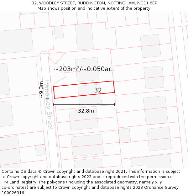 32, WOODLEY STREET, RUDDINGTON, NOTTINGHAM, NG11 6EP: Plot and title map