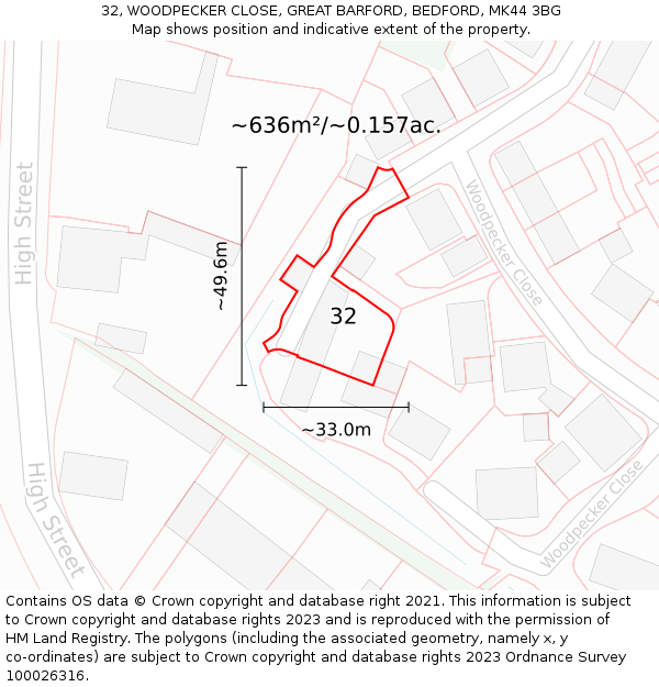 32, WOODPECKER CLOSE, GREAT BARFORD, BEDFORD, MK44 3BG: Plot and title map