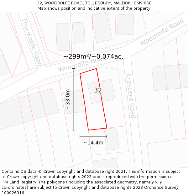 32, WOODROLFE ROAD, TOLLESBURY, MALDON, CM9 8SE: Plot and title map