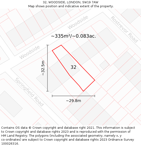 32, WOODSIDE, LONDON, SW19 7AW: Plot and title map