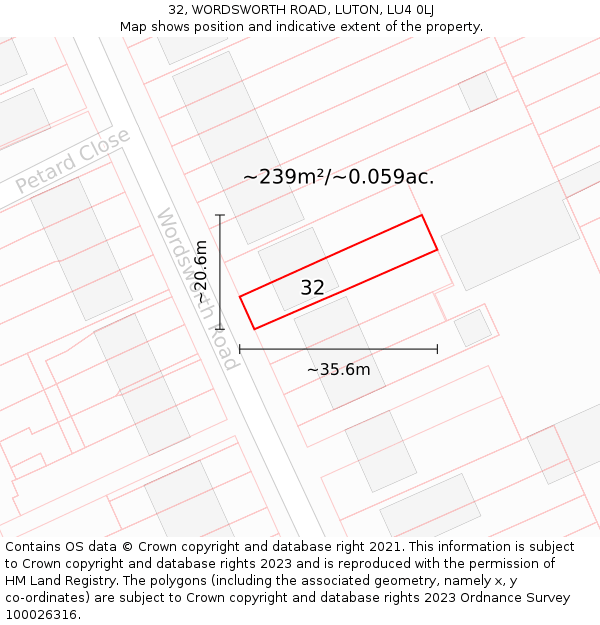 32, WORDSWORTH ROAD, LUTON, LU4 0LJ: Plot and title map