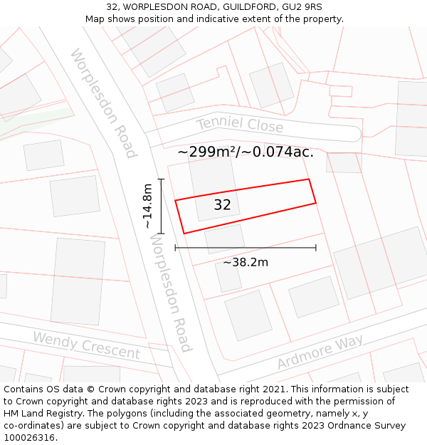 32, WORPLESDON ROAD, GUILDFORD, GU2 9RS: Plot and title map