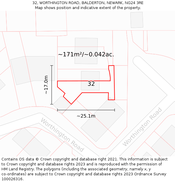 32, WORTHINGTON ROAD, BALDERTON, NEWARK, NG24 3RE: Plot and title map