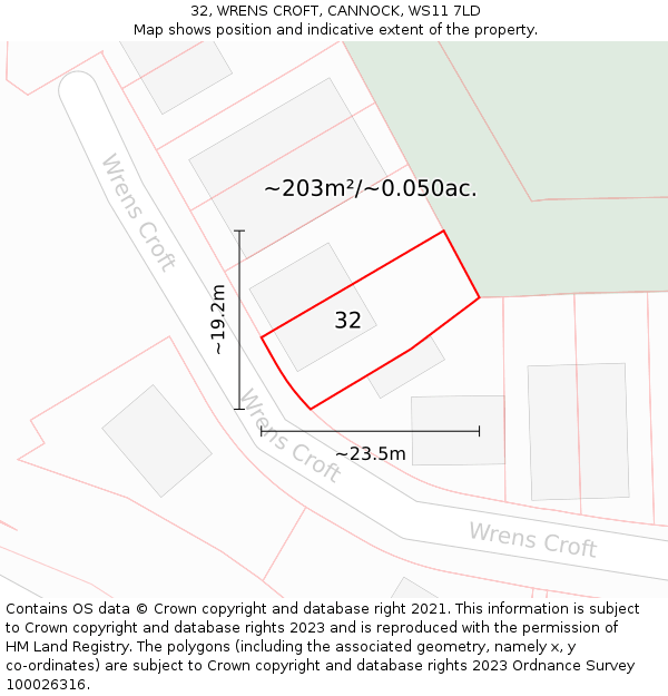 32, WRENS CROFT, CANNOCK, WS11 7LD: Plot and title map