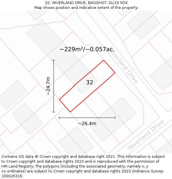 32, YAVERLAND DRIVE, BAGSHOT, GU19 5DX: Plot and title map