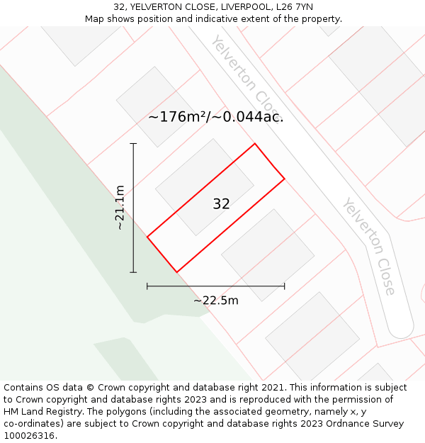 32, YELVERTON CLOSE, LIVERPOOL, L26 7YN: Plot and title map