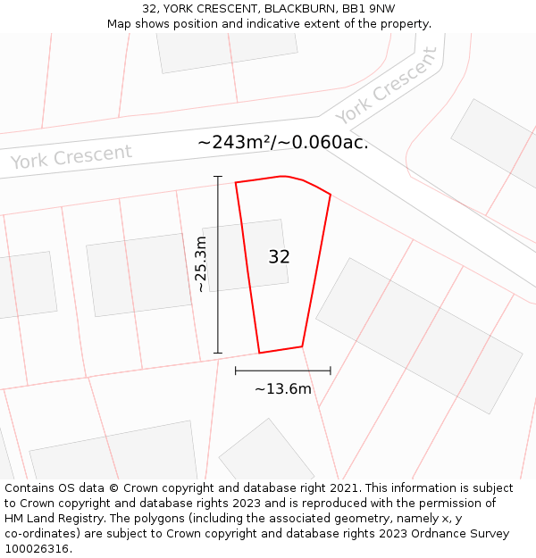 32, YORK CRESCENT, BLACKBURN, BB1 9NW: Plot and title map