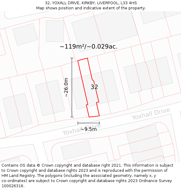 32, YOXALL DRIVE, KIRKBY, LIVERPOOL, L33 4HS: Plot and title map