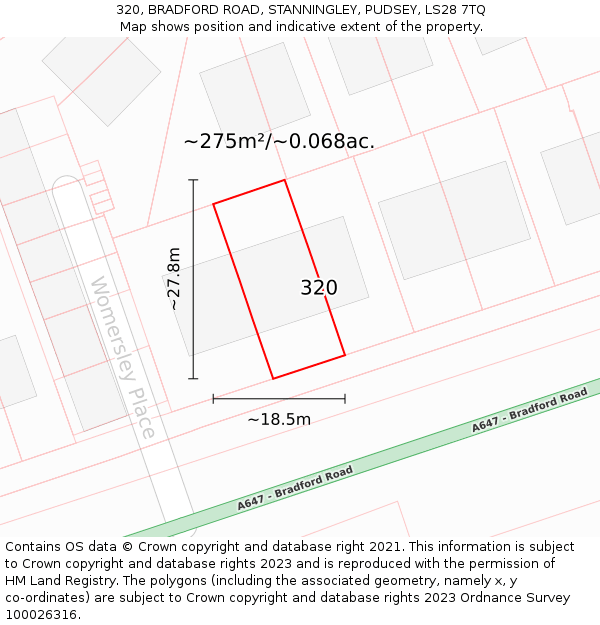 320, BRADFORD ROAD, STANNINGLEY, PUDSEY, LS28 7TQ: Plot and title map