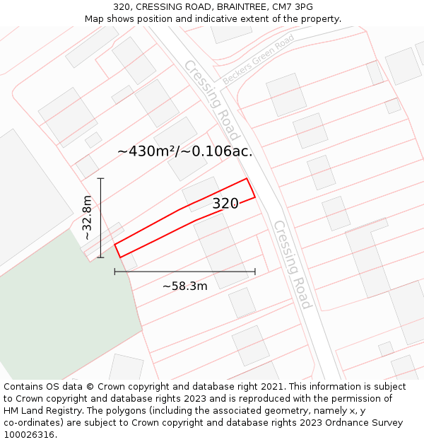 320, CRESSING ROAD, BRAINTREE, CM7 3PG: Plot and title map