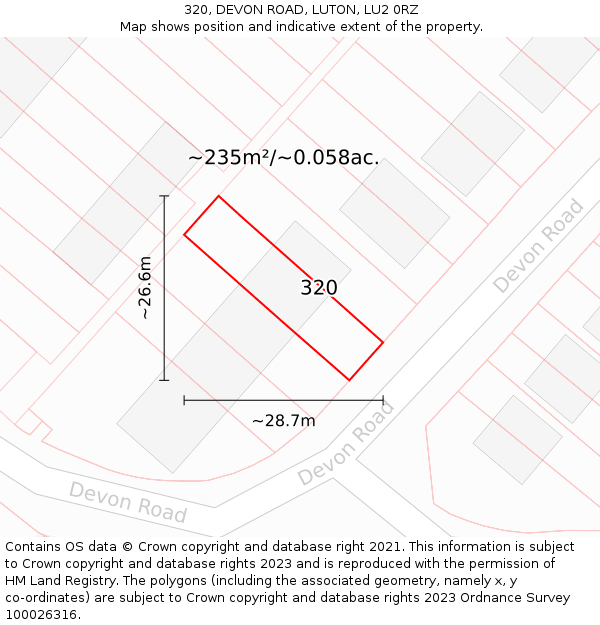 320, DEVON ROAD, LUTON, LU2 0RZ: Plot and title map