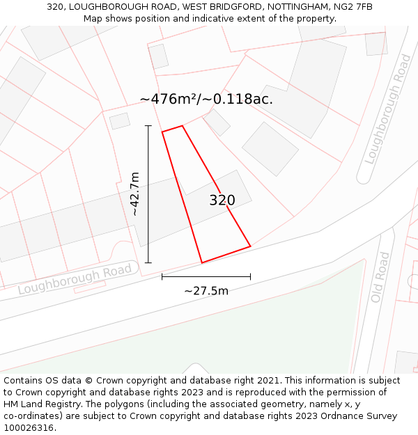 320, LOUGHBOROUGH ROAD, WEST BRIDGFORD, NOTTINGHAM, NG2 7FB: Plot and title map