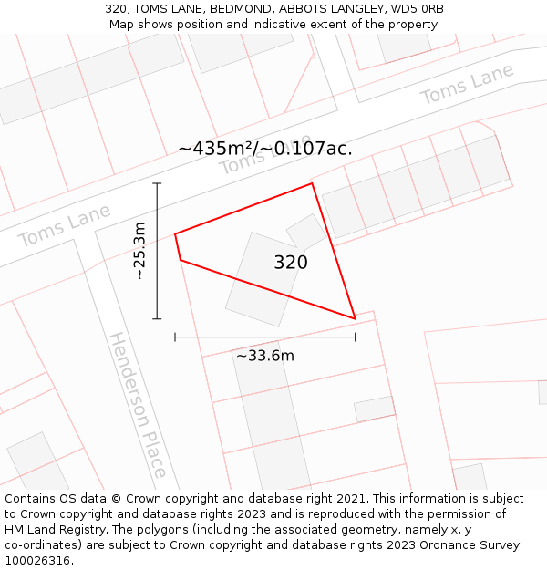 320, TOMS LANE, BEDMOND, ABBOTS LANGLEY, WD5 0RB: Plot and title map