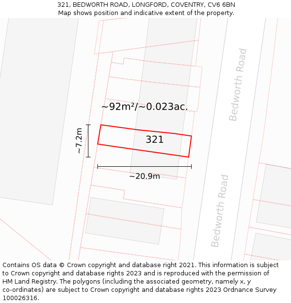 321, BEDWORTH ROAD, LONGFORD, COVENTRY, CV6 6BN: Plot and title map