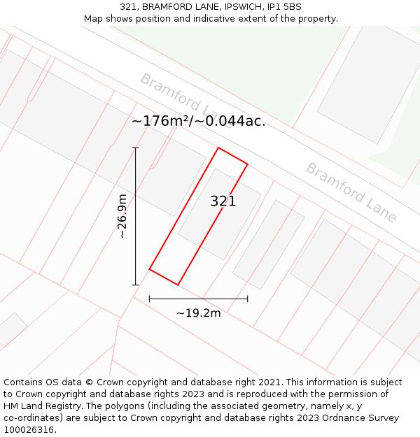 321, BRAMFORD LANE, IPSWICH, IP1 5BS: Plot and title map