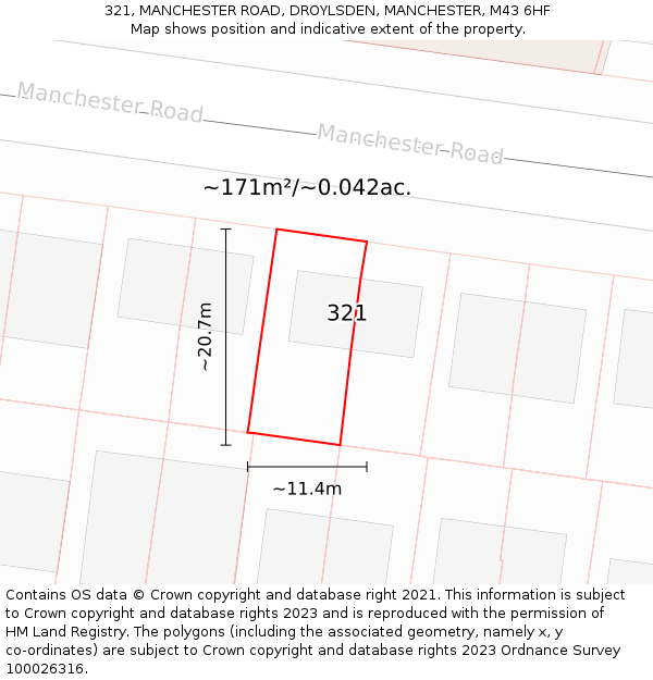 321, MANCHESTER ROAD, DROYLSDEN, MANCHESTER, M43 6HF: Plot and title map