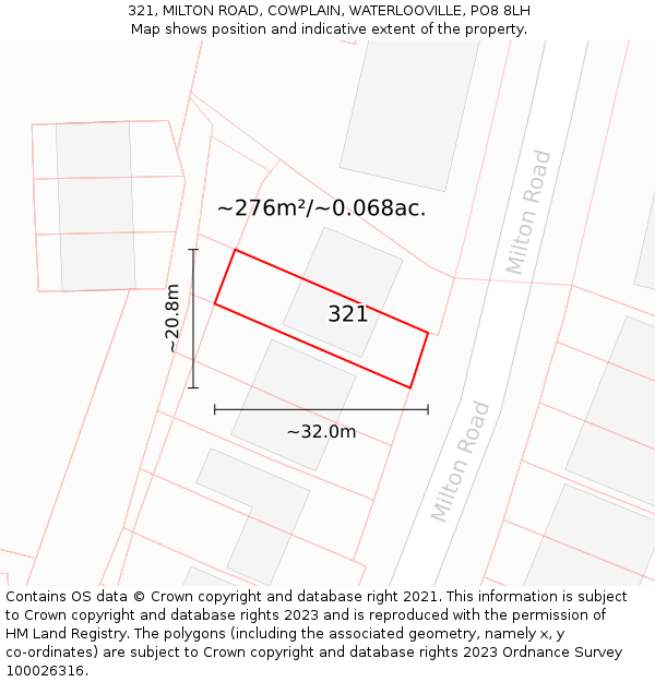 321, MILTON ROAD, COWPLAIN, WATERLOOVILLE, PO8 8LH: Plot and title map