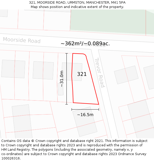 321, MOORSIDE ROAD, URMSTON, MANCHESTER, M41 5PA: Plot and title map