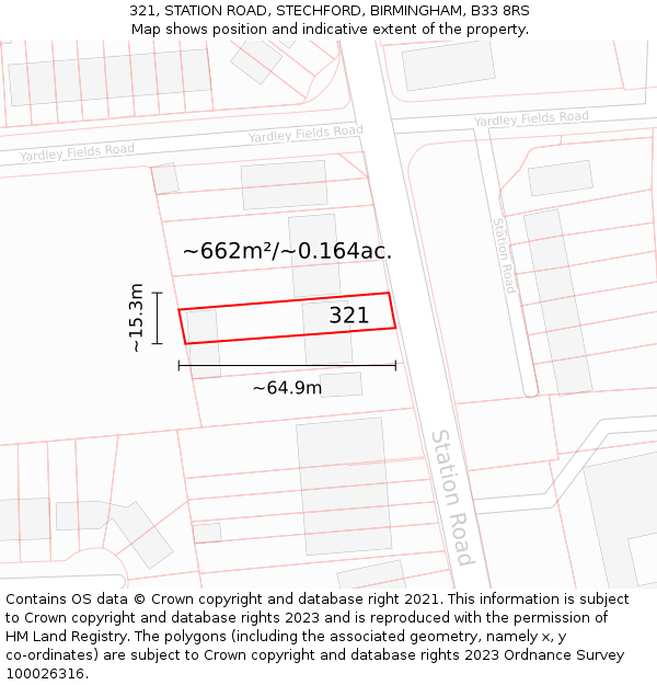 321, STATION ROAD, STECHFORD, BIRMINGHAM, B33 8RS: Plot and title map