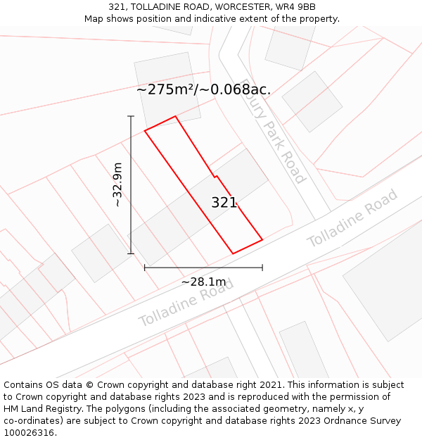 321, TOLLADINE ROAD, WORCESTER, WR4 9BB: Plot and title map