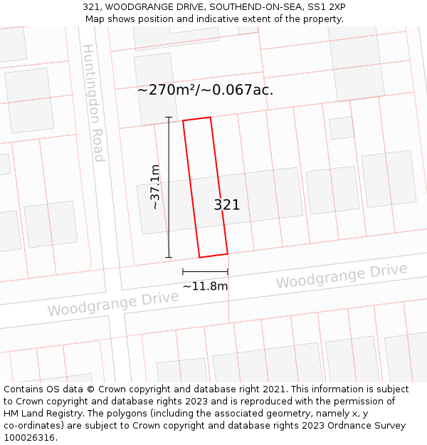 321, WOODGRANGE DRIVE, SOUTHEND-ON-SEA, SS1 2XP: Plot and title map