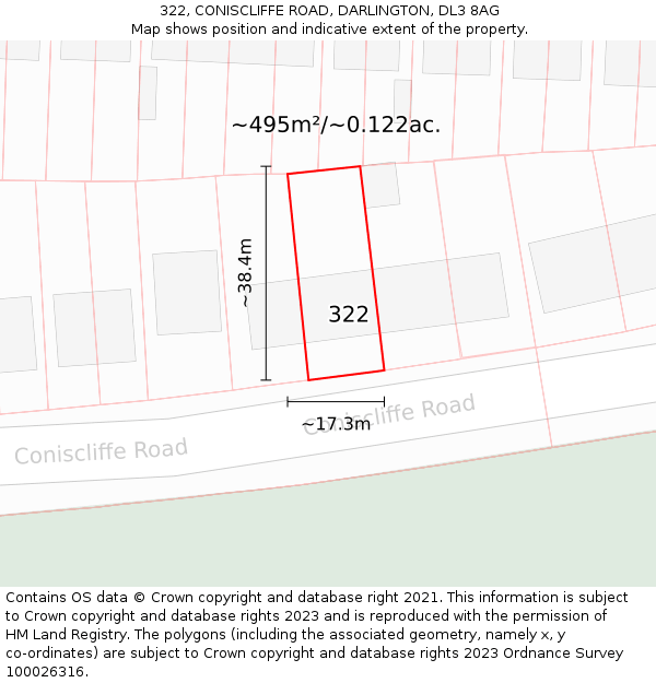 322, CONISCLIFFE ROAD, DARLINGTON, DL3 8AG: Plot and title map