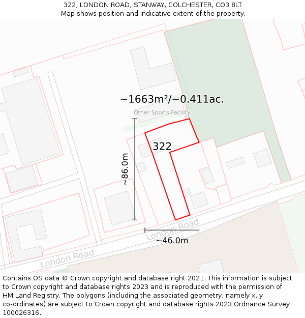 322, LONDON ROAD, STANWAY, COLCHESTER, CO3 8LT: Plot and title map