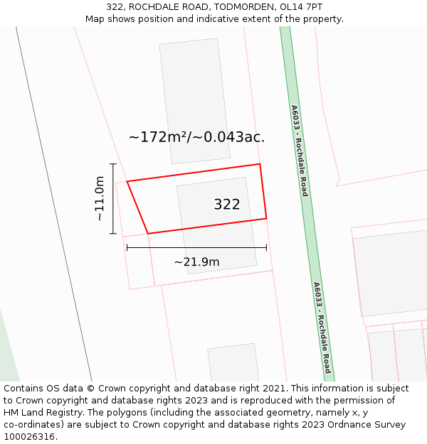 322, ROCHDALE ROAD, TODMORDEN, OL14 7PT: Plot and title map