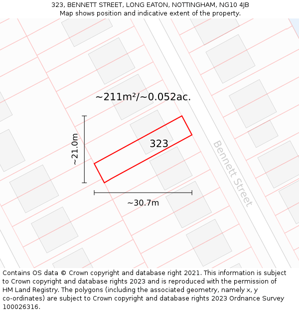 323, BENNETT STREET, LONG EATON, NOTTINGHAM, NG10 4JB: Plot and title map