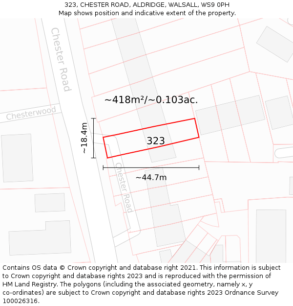 323, CHESTER ROAD, ALDRIDGE, WALSALL, WS9 0PH: Plot and title map